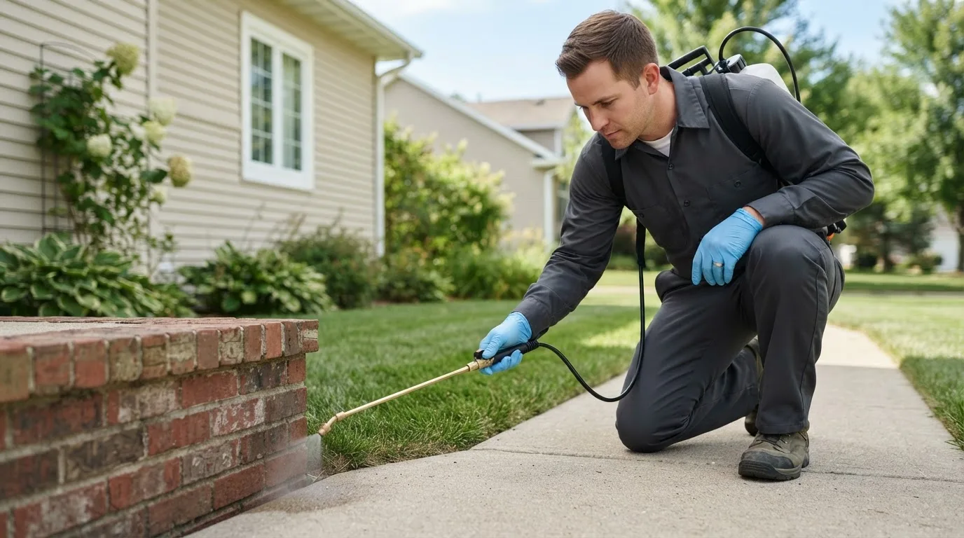 Pest control technician treating a home near Bremen, KS